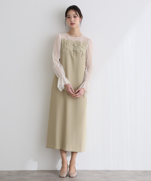 PourVous(プールヴー)の「結婚式 二次会 パーティー ドレス 袖あり と ミモレ丈 ケミカル レース 変形ベルスリーブ Iライン シルエット お呼ばれ フォーマル オケージョンドレス 同窓会 成人式 謝恩会 20代 30代(ドレス・レディース・ブラック系その他/キャメル/グリーン・L/M)」の4枚目の写真