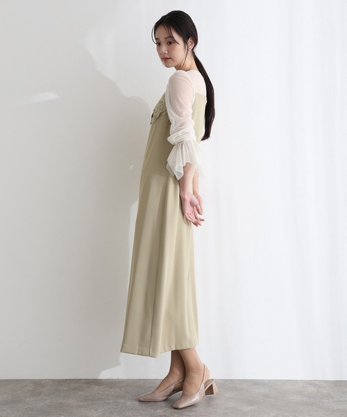 PourVous(プールヴー)の「結婚式 二次会 パーティー ドレス 袖あり と ミモレ丈 ケミカル レース 変形ベルスリーブ Iライン シルエット お呼ばれ フォーマル オケージョンドレス 同窓会 成人式 謝恩会 20代 30代(ドレス・レディース・ブラック系その他/キャメル/グリーン・L/M)」の5枚目の写真