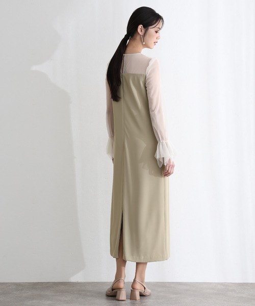 PourVous(プールヴー)の「結婚式 二次会 パーティー ドレス 袖あり と ミモレ丈 ケミカル レース 変形ベルスリーブ Iライン シルエット お呼ばれ フォーマル オケージョンドレス 同窓会 成人式 謝恩会 20代 30代(ドレス・レディース・ブラック系その他/キャメル/グリーン・L/M)」の6枚目の写真