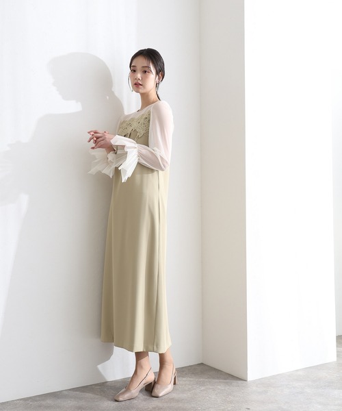 PourVous(プールヴー)の「結婚式 二次会 パーティー ドレス 袖あり と ミモレ丈 ケミカル レース 変形ベルスリーブ Iライン シルエット お呼ばれ フォーマル オケージョンドレス 同窓会 成人式 謝恩会 20代 30代(ドレス・レディース・ブラック系その他/キャメル/グリーン・L/M)」の7枚目の写真