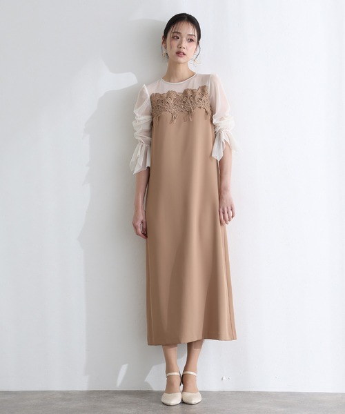 PourVous(プールヴー)の「結婚式 二次会 パーティー ドレス 袖あり と ミモレ丈 ケミカル レース 変形ベルスリーブ Iライン シルエット お呼ばれ フォーマル オケージョンドレス 同窓会 成人式 謝恩会 20代 30代(ドレス・レディース・ブラック系その他/キャメル/グリーン・L/M)」の8枚目の写真