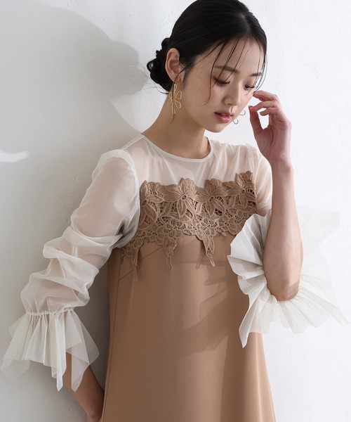PourVous(プールヴー)の「結婚式 二次会 パーティー ドレス 袖あり と ミモレ丈 ケミカル レース 変形ベルスリーブ Iライン シルエット お呼ばれ フォーマル オケージョンドレス 同窓会 成人式 謝恩会 20代 30代(ドレス・レディース・ブラック系その他/キャメル/グリーン・L/M)」の9枚目の写真