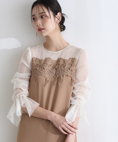 PourVous(プールヴー)の「結婚式 二次会 パーティー ドレス 袖あり と ミモレ丈 ケミカル レース 変形ベルスリーブ Iライン シルエット お呼ばれ フォーマル オケージョンドレス 同窓会 成人式 謝恩会 20代 30代(ドレス・レディース・ブラック系その他/キャメル/グリーン・L/M)」の10枚目の写真