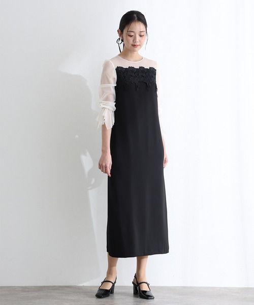 PourVous(プールヴー)の「結婚式 二次会 パーティー ドレス 袖あり と ミモレ丈 ケミカル レース 変形ベルスリーブ Iライン シルエット お呼ばれ フォーマル オケージョンドレス 同窓会 成人式 謝恩会 20代 30代(ドレス・レディース・ブラック系その他/キャメル/グリーン・L/M)」の12枚目の写真
