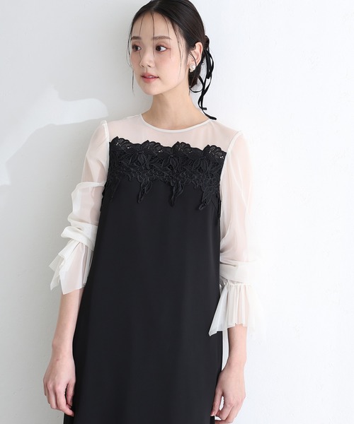 PourVous(プールヴー)の「結婚式 二次会 パーティー ドレス 袖あり と ミモレ丈 ケミカル レース 変形ベルスリーブ Iライン シルエット お呼ばれ フォーマル オケージョンドレス 同窓会 成人式 謝恩会 20代 30代(ドレス・レディース・ブラック系その他/キャメル/グリーン・L/M)」の13枚目の写真