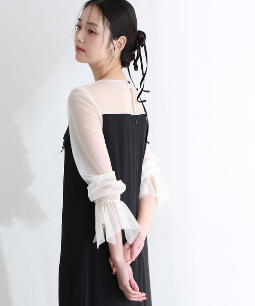 PourVous(プールヴー)の「結婚式 二次会 パーティー ドレス 袖あり と ミモレ丈 ケミカル レース 変形ベルスリーブ Iライン シルエット お呼ばれ フォーマル オケージョンドレス 同窓会 成人式 謝恩会 20代 30代(ドレス・レディース・ブラック系その他/キャメル/グリーン・L/M)」の14枚目の写真