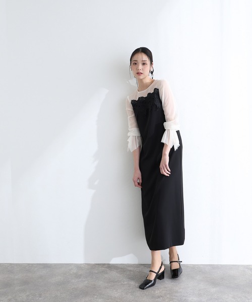 PourVous(プールヴー)の「結婚式 二次会 パーティー ドレス 袖あり と ミモレ丈 ケミカル レース 変形ベルスリーブ Iライン シルエット お呼ばれ フォーマル オケージョンドレス 同窓会 成人式 謝恩会 20代 30代(ドレス・レディース・ブラック系その他/キャメル/グリーン・L/M)」の15枚目の写真