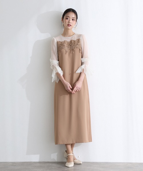 PourVous(プールヴー)の「結婚式 二次会 パーティー ドレス 袖あり と ミモレ丈 ケミカル レース 変形ベルスリーブ Iライン シルエット お呼ばれ フォーマル オケージョンドレス 同窓会 成人式 謝恩会 20代 30代(ドレス・レディース・ブラック系その他/キャメル/グリーン・L/M)」の21枚目の写真