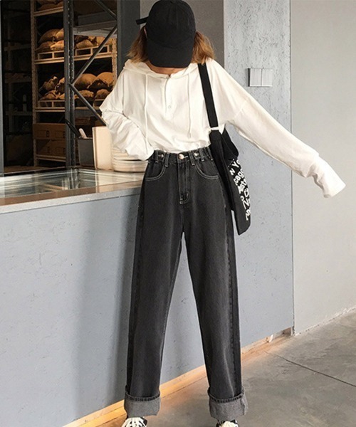 Miniministore(ミニミニストア)の「ストレートデニムパンツ ウエスト調整可能(デニムパンツ・レディース・アイボリー/ブラック・M/S/L)」の11枚目の写真