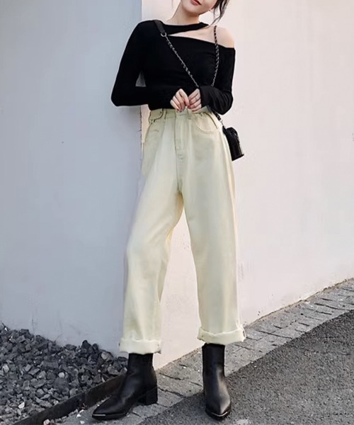 Miniministore(ミニミニストア)の「ストレートデニムパンツ ウエスト調整可能(デニムパンツ・レディース・アイボリー/ブラック・M/S/L)」の4枚目の写真
