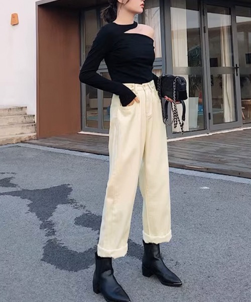 Miniministore(ミニミニストア)の「ストレートデニムパンツ ウエスト調整可能(デニムパンツ・レディース・アイボリー/ブラック・M/S/L)」の5枚目の写真