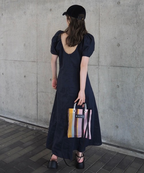 cotton linen back open long dress /コットンリネンバックオープン