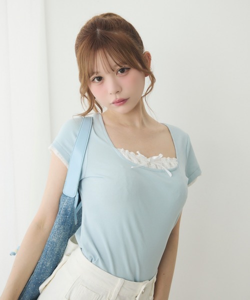 セール】フロントレースリボントップス（Tシャツ/カットソー