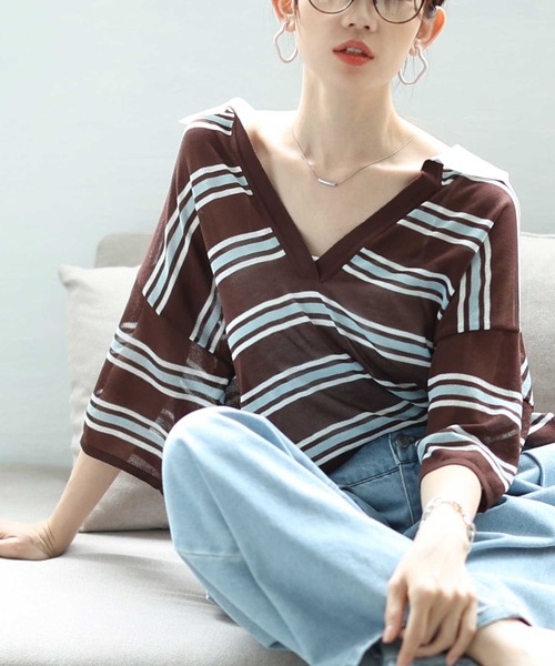 Sawa a la mode(サワアラモード)の「ボーダーポロキーネックニットプルオーバー(ニット/セーター・レディース・ブラック/ブラウン系その他・FREE)」の2枚目の写真
