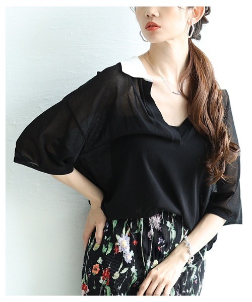 Sawa a la mode(サワアラモード)の「ボーダーポロキーネックニットプルオーバー(ニット/セーター・レディース・ブラック/ブラウン系その他・FREE)」の6枚目の写真