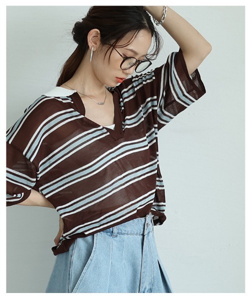 Sawa a la mode(サワアラモード)の「ボーダーポロキーネックニットプルオーバー(ニット/セーター・レディース・ブラック/ブラウン系その他・FREE)」の16枚目の写真