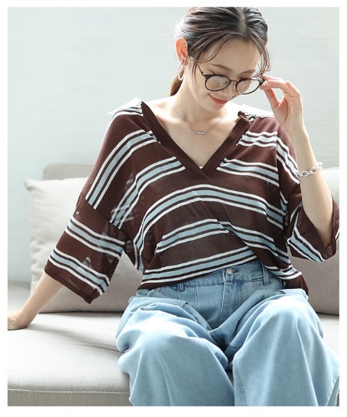 Sawa a la mode(サワアラモード)の「ボーダーポロキーネックニットプルオーバー(ニット/セーター・レディース・ブラック/ブラウン系その他・FREE)」の20枚目の写真