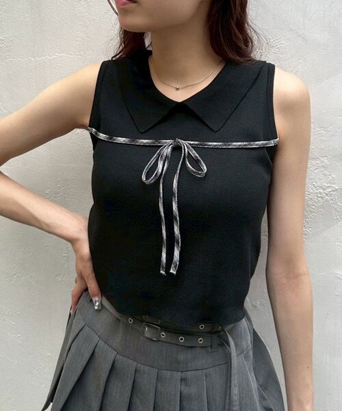 OLIVE des OLIVE（オリーブデオリーブ）の「ノースリリボンニット（ニット/セーター・レディース・ブラック/トップグレー/オフホワイト・FREE）」の3枚目の写真