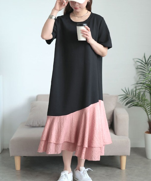 GOLDJAPAN(ゴールドジャパン)の「異素材ドッキングロングワンピース【大きいサイズ対応】(ワンピース・レディース・オフホワイト/ピンク・LL/3L/4L/5L)」の1枚目の写真