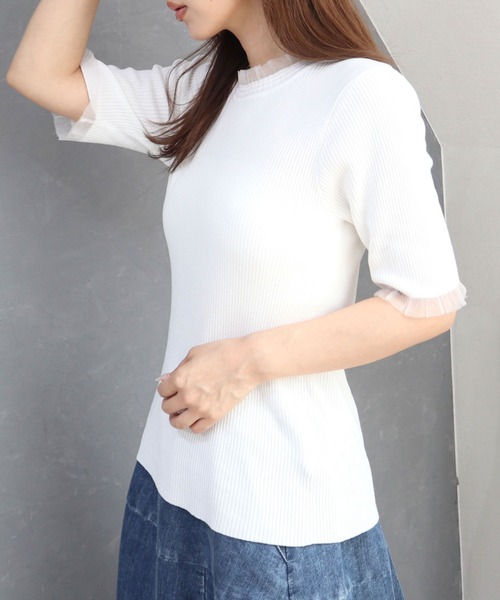 CECIL McBEE(セシルマクビー)の「接触冷感ウォッシャブル シアー使いプルオーバー(ニット/セーター・レディース・ブラック/オフホワイト・MEDIUM)」の6枚目の写真
