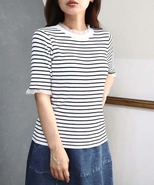 CECIL McBEE(セシルマクビー)の「接触冷感ウォッシャブル シアー使いプルオーバー(ニット/セーター・レディース・ブラック/オフホワイト・MEDIUM)」の9枚目の写真