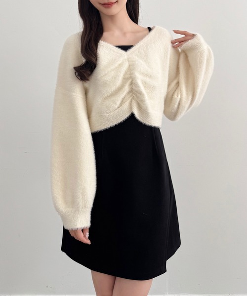 セール】フロントギャザーシャギーニット＋ミニキャミワンピース