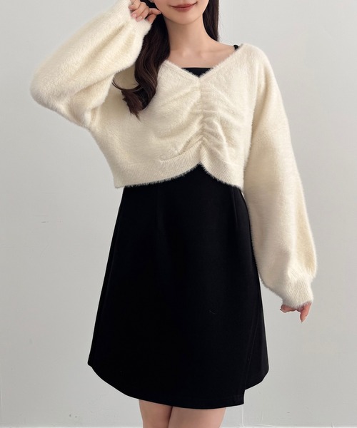 セール】フロントギャザーシャギーニット＋ミニキャミワンピース