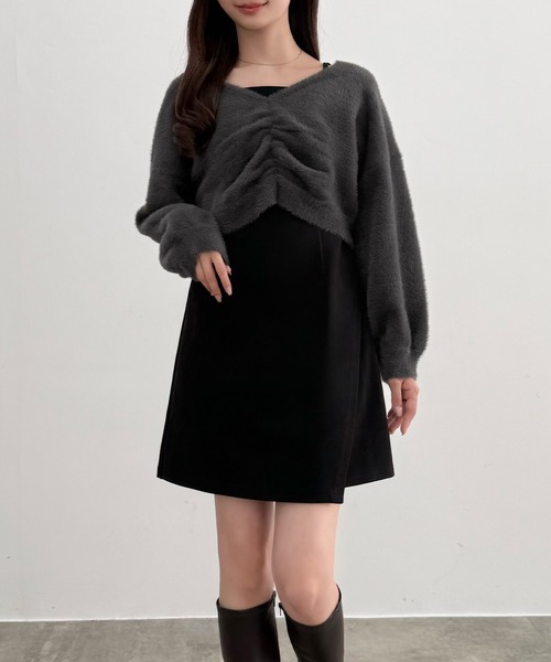 セール】フロントギャザーシャギーニット＋ミニキャミワンピース