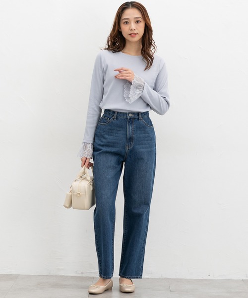 Honeys（ハニーズ）の「袖口レース使いトップス（Tシャツ/カットソー・レディース・ブラック/アイボリー/ホワイト×ブラック/グレイッシュベージュ/ブラック×ベージュ/サックスブルー系・LL/3L/S/M/L）」の12枚目の写真