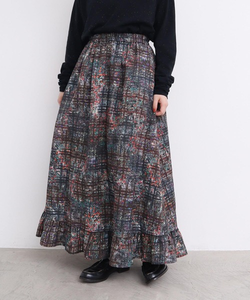 l'atelier du savon（アトリエドサボン）の「●check × hana 手描きプリントスカート（スカート・レディース・グリーン/ダークブラウン・FREE）」の13枚目の写真