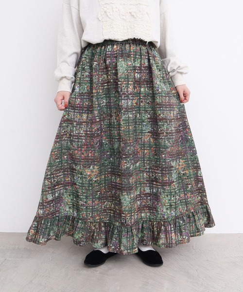 l'atelier du savon（アトリエドサボン）の「●check × hana 手描きプリントスカート（スカート・レディース・グリーン/ダークブラウン・FREE）」の17枚目の写真
