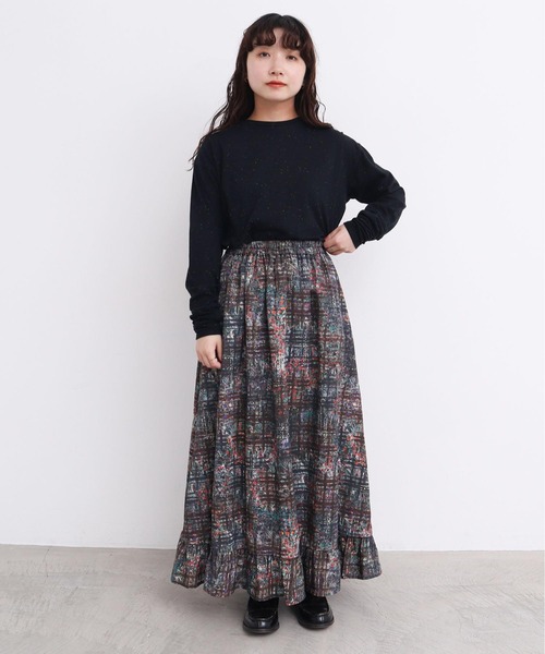 l'atelier du savon（アトリエドサボン）の「●check × hana 手描きプリントスカート（スカート・レディース・グリーン/ダークブラウン・FREE）」の3枚目の写真