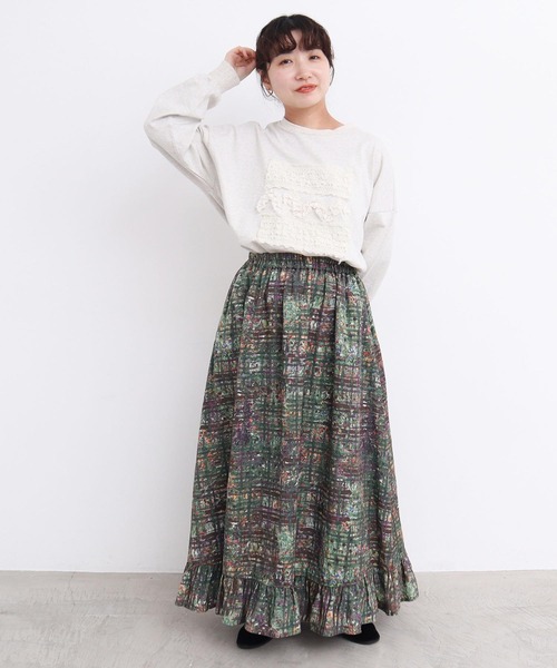 l'atelier du savon（アトリエドサボン）の「●check × hana 手描きプリントスカート（スカート・レディース・グリーン/ダークブラウン・FREE）」の7枚目の写真