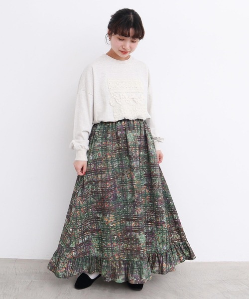 l'atelier du savon（アトリエドサボン）の「●check × hana 手描きプリントスカート（スカート・レディース・グリーン/ダークブラウン・FREE）」の6枚目の写真