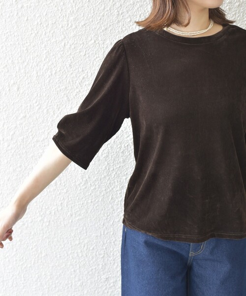 SHIPS Colors(シップス カラーズ)の「SHIPS Colors:〈手洗い可能〉フロッキー メッシュ 5分袖 トップス(Tシャツ/カットソー・レディース・ブラック/ベージュ/ブラウン・ONE SIZE)」の17枚目の写真