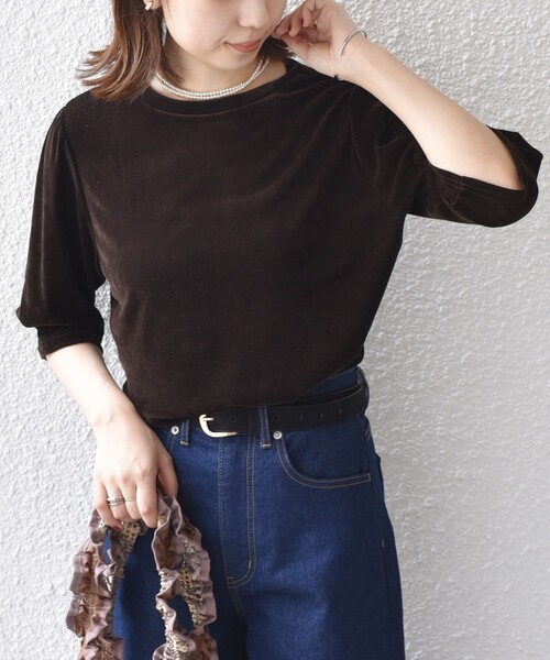 SHIPS Colors(シップス カラーズ)の「SHIPS Colors:〈手洗い可能〉フロッキー メッシュ 5分袖 トップス(Tシャツ/カットソー・レディース・ブラック/ベージュ/ブラウン・ONE SIZE)」の20枚目の写真