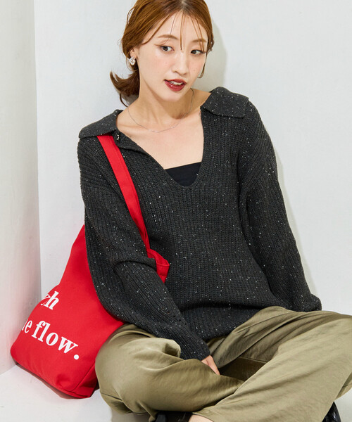 セール】限定展開 フロント ホック ネップ ニット 襟付き プルオーバー