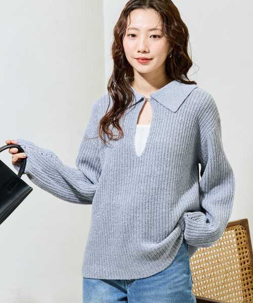 セール】限定展開 フロント ホック ネップ ニット 襟付き プル