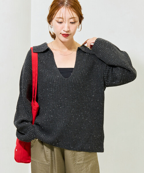 ブラック ホワイト 襟付き ニット　値下げ FREAK'S STORE/フロント ホック ネップ ニット 襟付き プル