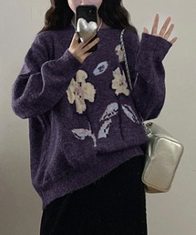 近年　慈雨　センソユニコ　洗えるチェック花柄ジャガードコットンニットプルオーバー 近年 慈雨 センソユニコ 洗えるチェック花柄ジャガードコットン