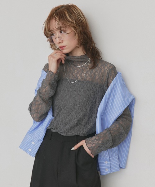ad thie(アドティエ)の「プチハイネック レーストップス(Tシャツ/カットソー・レディース・オフホワイト/ブラック/グレー・FREE)」の9枚目の写真