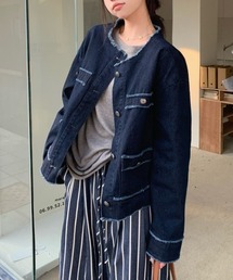 ラウンドネック ノーカラーデニムジャケット