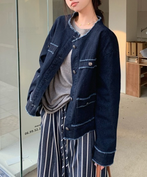 gossip!ロサンゼルス(ゴシップロサンゼルス)の「ラウンドネック ノーカラーデニムジャケット(デニムジャケット・レディース・インディゴブルー・FREE)」の1枚目の写真