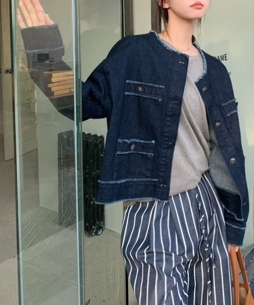 gossip!ロサンゼルス(ゴシップロサンゼルス)の「ラウンドネック ノーカラーデニムジャケット(デニムジャケット・レディース・インディゴブルー・FREE)」の14枚目の写真