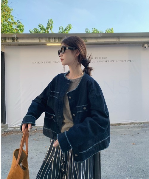 gossip!ロサンゼルス(ゴシップロサンゼルス)の「ラウンドネック ノーカラーデニムジャケット(デニムジャケット・レディース・インディゴブルー・FREE)」の16枚目の写真