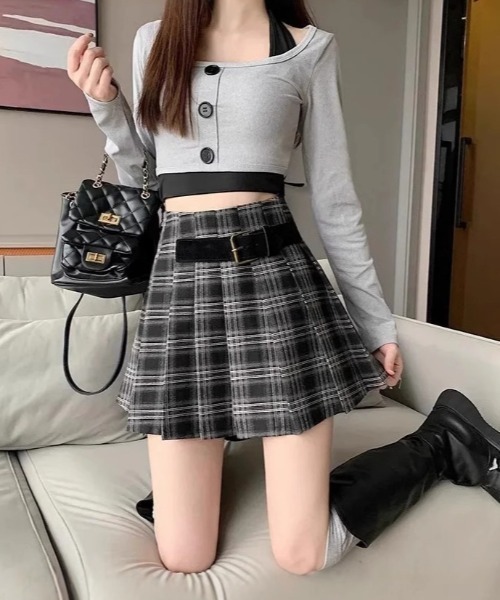 Mejoul（メジュール）の「【2025秋冬新作】【インパン付き】サイドベルトチェックプリーツミニスカート（スカート・レディース・ブラック/ブラウン・M/L）」の3枚目の写真