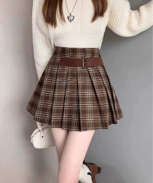 Mejoul（メジュール）の「【2025秋冬新作】【インパン付き】サイドベルトチェックプリーツミニスカート（スカート・レディース・ブラック/ブラウン・M/L）」の4枚目の写真