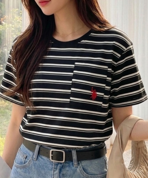 U.S. POLO ASSN.（ユーエスポロアッスン）の「【U.S. POLO ASSN.】ポケット付き Ｔシャツ（Tシャツ/カットソー・レディース・チャコール/ブラック×ホワイト/ホワイト×ブラック/オフホワイト/ネイビー・L/M）」の4枚目の写真