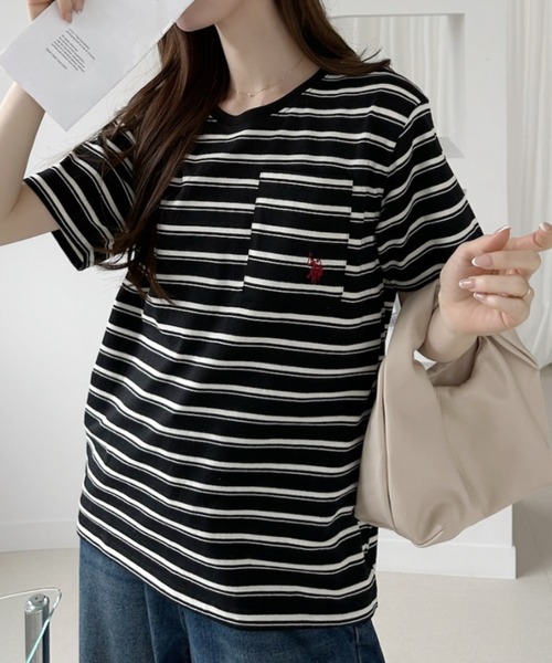 U.S. POLO ASSN.（ユーエスポロアッスン）の「【U.S. POLO ASSN.】ポケット付き Ｔシャツ（Tシャツ/カットソー・レディース・チャコール/ブラック×ホワイト/ホワイト×ブラック/オフホワイト/ネイビー・L/M）」の12枚目の写真