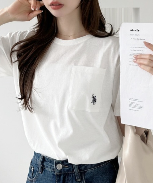 U.S. POLO ASSN.（ユーエスポロアッスン）の「【U.S. POLO ASSN.】ポケット付き Ｔシャツ（Tシャツ/カットソー・レディース・チャコール/ブラック×ホワイト/ホワイト×ブラック/オフホワイト/ネイビー・L/M）」の16枚目の写真